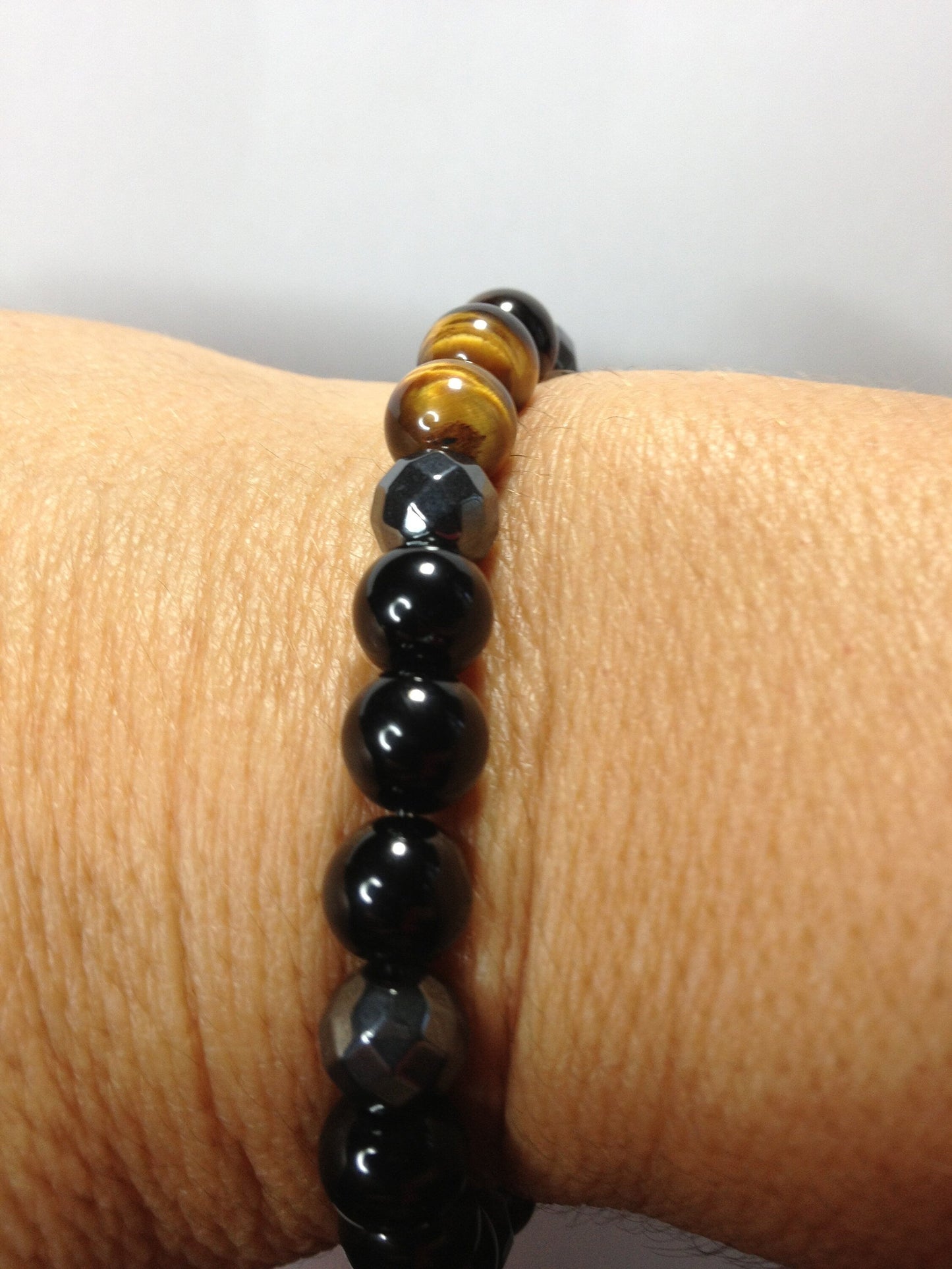 Zombie Slayer: Tiger's Eye, Obsidian, Tourmaline & Hematite Beaded Gemstone Stretch Bracelet