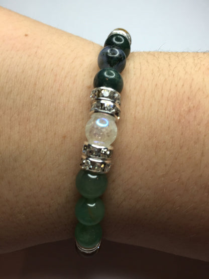 Riches Natural Jade, Moss Agate, and Tigers Eye Beaded Stretch Bracelet