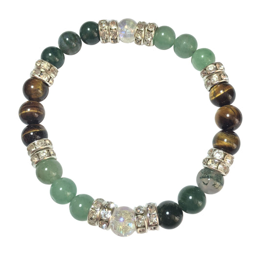 Riches Natural Jade, Moss Agate, and Tigers Eye Beaded Stretch Bracelet