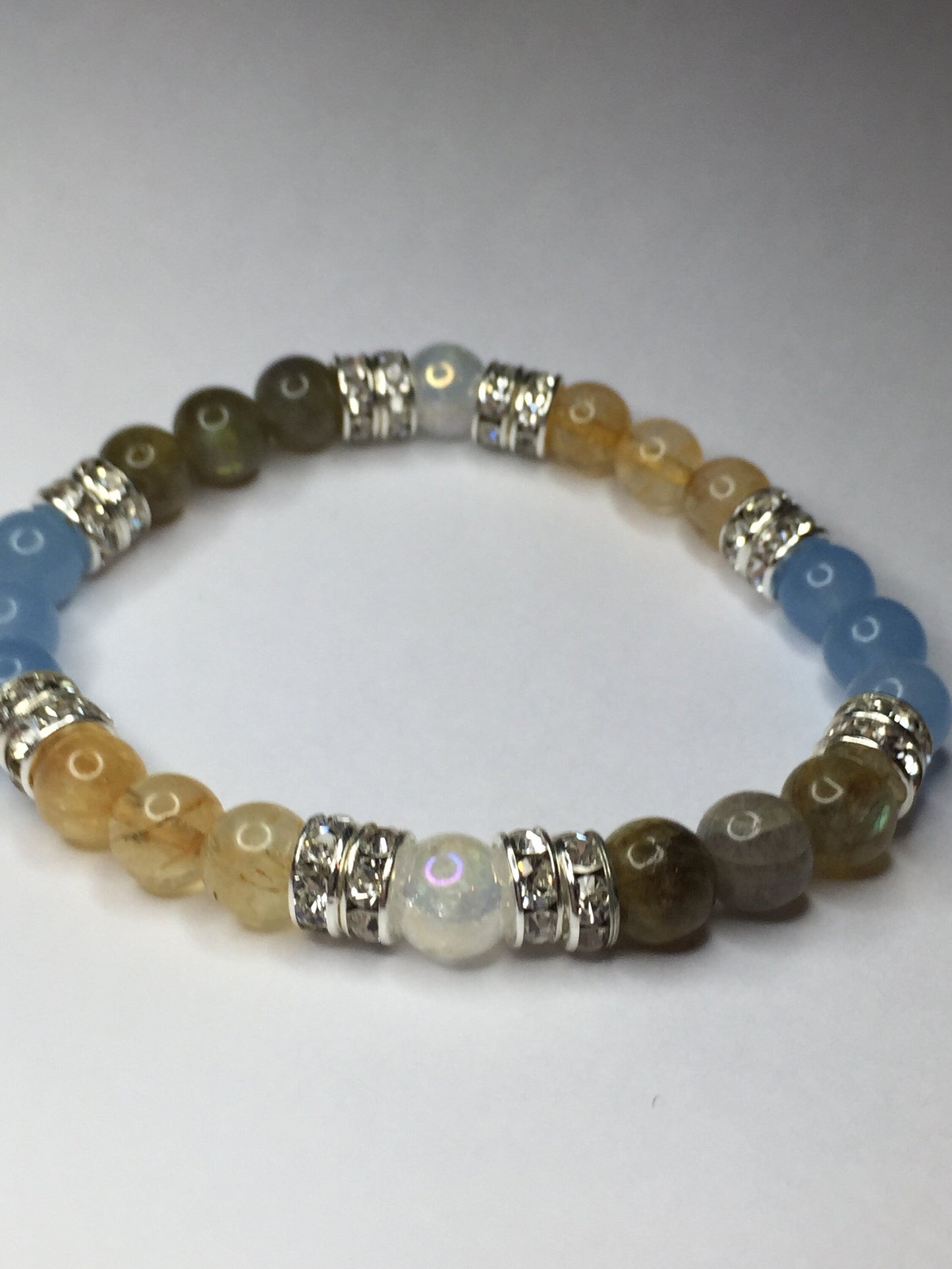 Beach Day: Blue Jade, Citrine, Labradorite, & Crystal Quartz Gemstone Beaded Stretch Bracelet