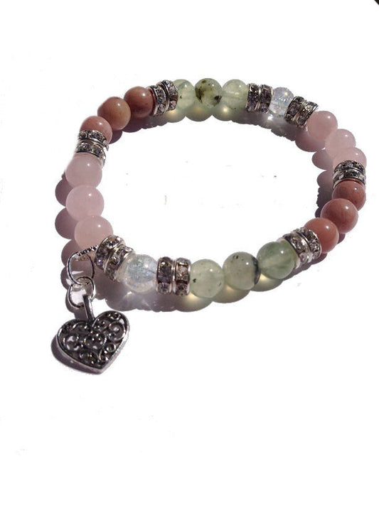 Love Natural Rose Quartz, Rhodochrosite, & Prehnite Gemstone Beaded Stretch Bracelet