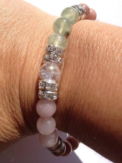 Love Natural Rose Quartz, Rhodochrosite, & Prehnite Gemstone Beaded Stretch Bracelet