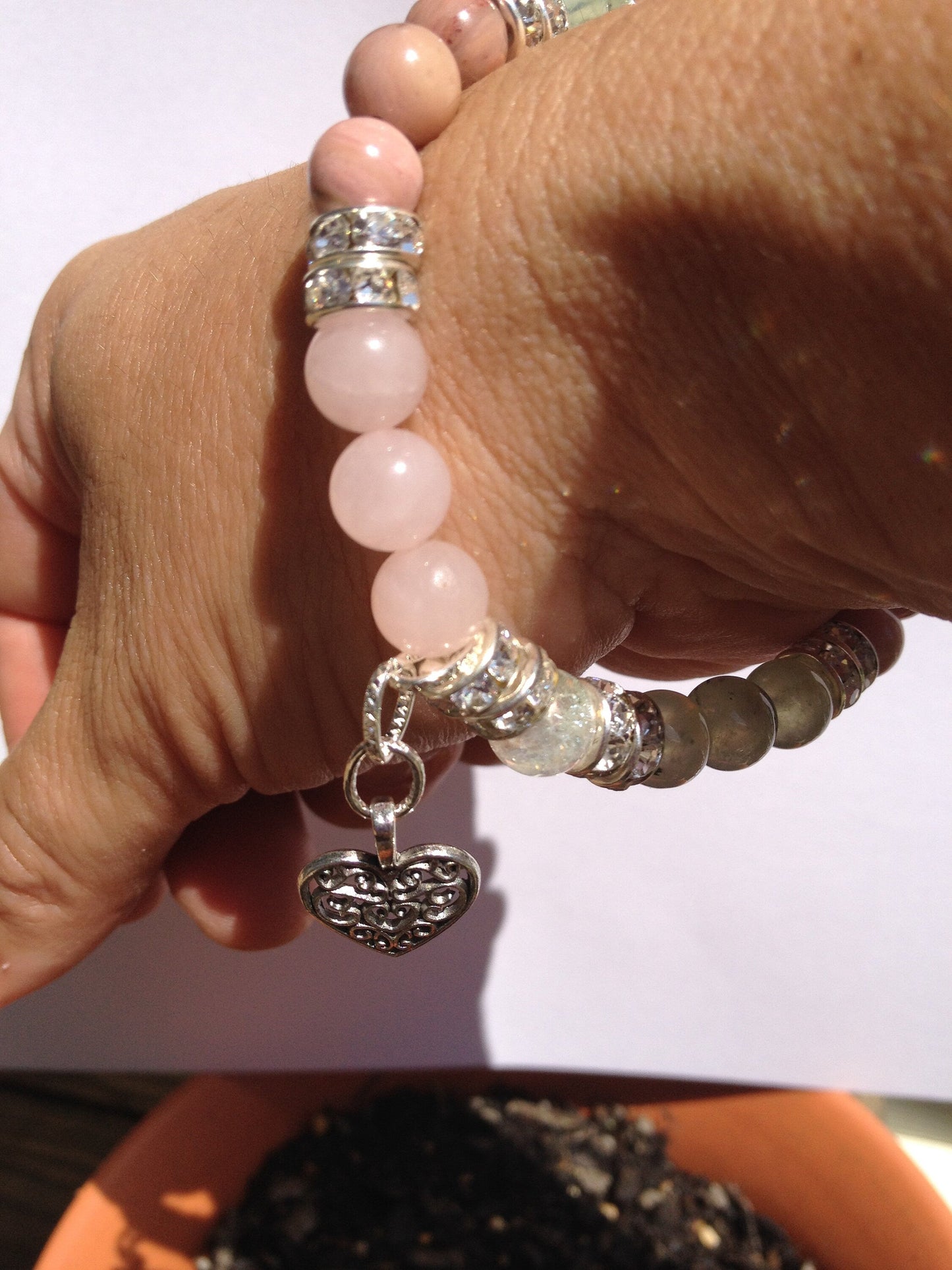 Love Natural Rose Quartz, Rhodochrosite, & Prehnite Gemstone Beaded Stretch Bracelet