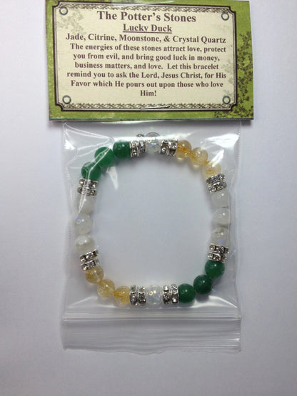 Lucky Duck Natural Jade, Citrine, and Moonstone Gemstone Energy Beaded Stretch Bracelet