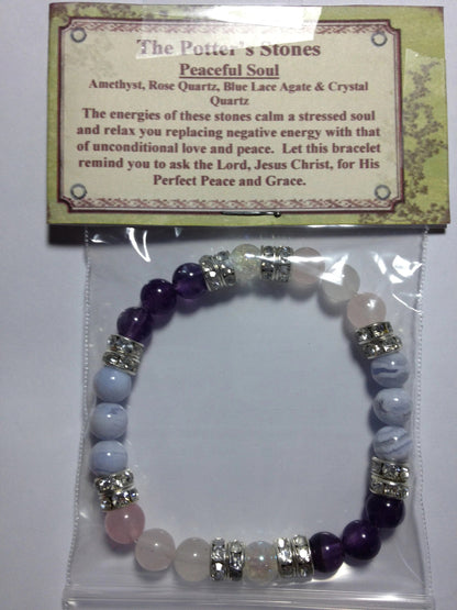 Peaceful Soul: Rose Quartz, Amethyst, Blue Lace Agate, & Crystal Quartz Gemstone Beaded Stretch Bracelet