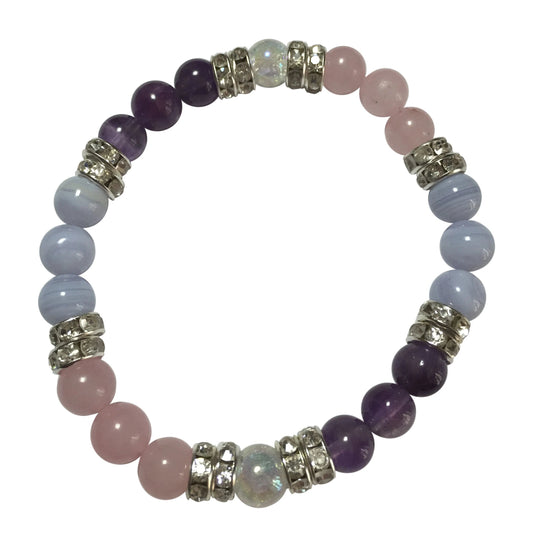 Peaceful Soul: Rose Quartz, Amethyst, Blue Lace Agate, & Crystal Quartz Gemstone Beaded Stretch Bracelet