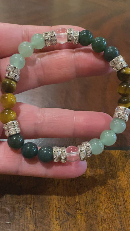 Riches Natural Jade, Moss Agate, and Tigers Eye Beaded Stretch Bracelet