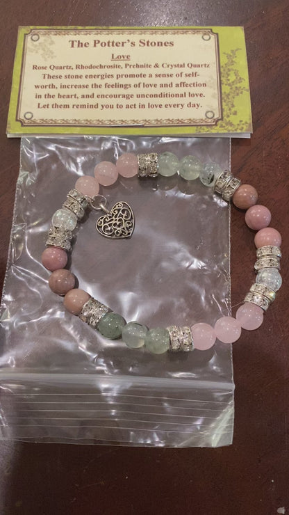 Love Natural Rose Quartz, Rhodochrosite, & Prehnite Gemstone Beaded Stretch Bracelet